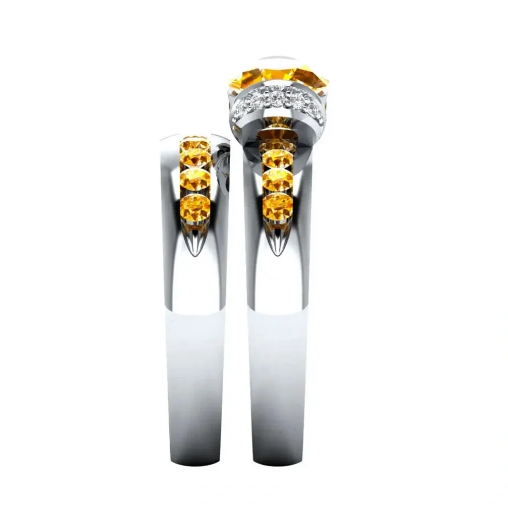 New Beautiful Sterling Silver Citrine White Sapphires 2pc Ring Set